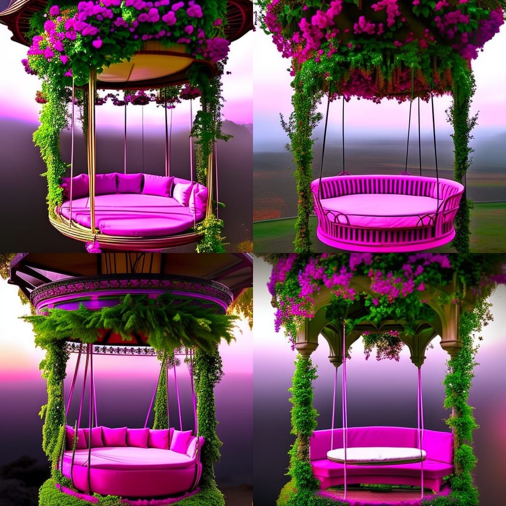 Magenta pink Gothic Round Swing Bed with Pergola Roof and Planters& gothic vibes& ethereal vibes& magical vibes& dark fa...