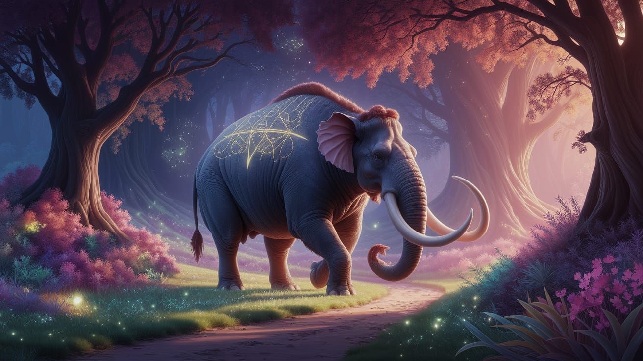 Mastodon on Enchanted Path in Ethereal Forest