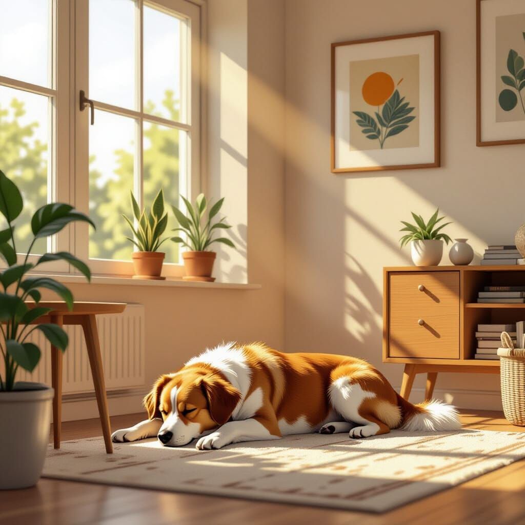 Dog in Minimalist Room with Sunlight: Digital Art