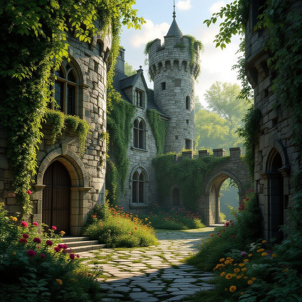 Majestic Castle Reclaimed by Nature in Digital Matte Style