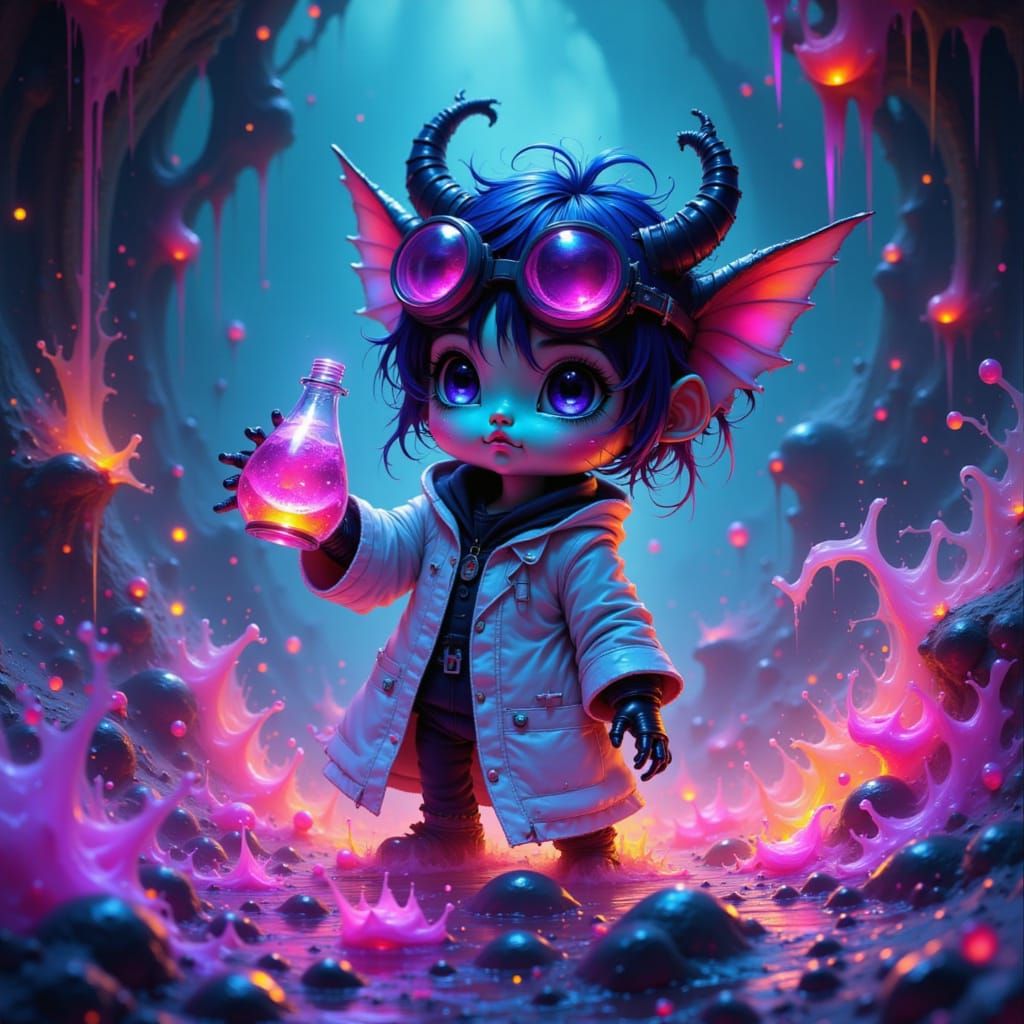 Chibi Demon Scientist in Lab, Neon Futurism