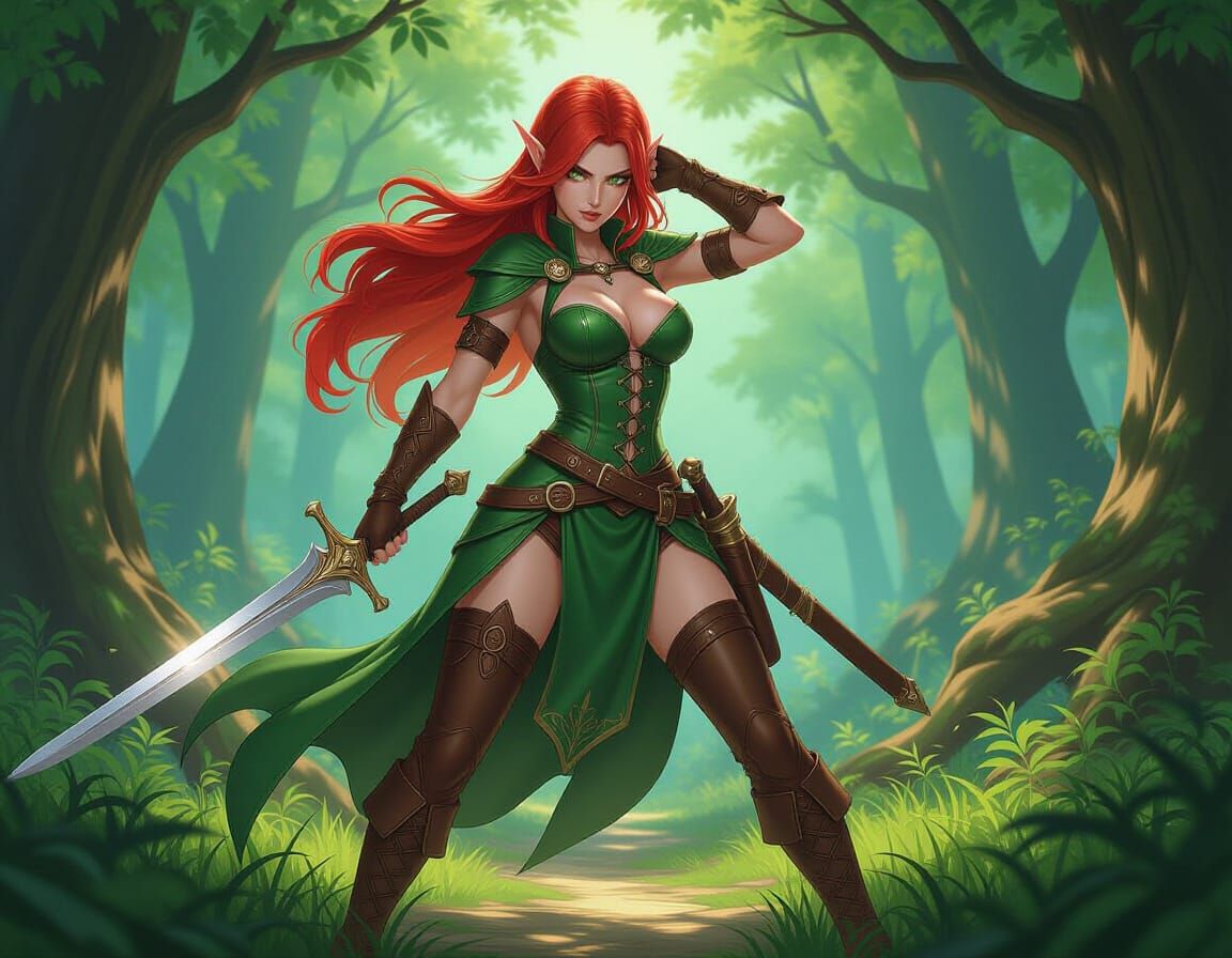 Elven Warrior in Enchanted Forest, Anime Art