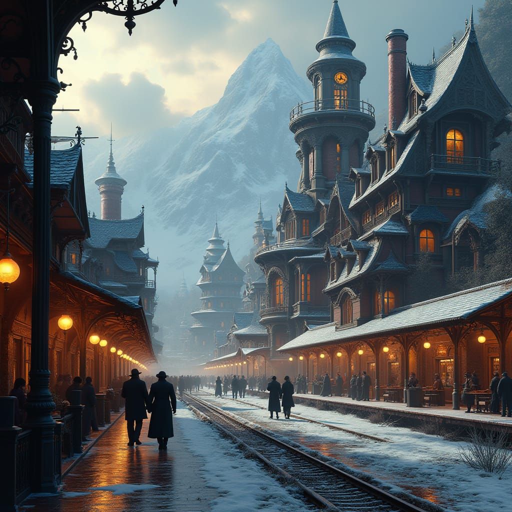 Majestic Fantasy Train Station in Steampunk Style