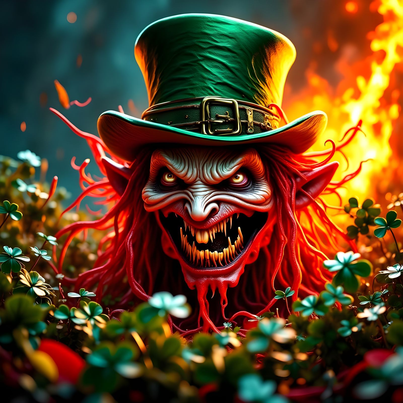 Macabre Leprechaun Elf Rises from Shamrock Chaos in Vivid Di...