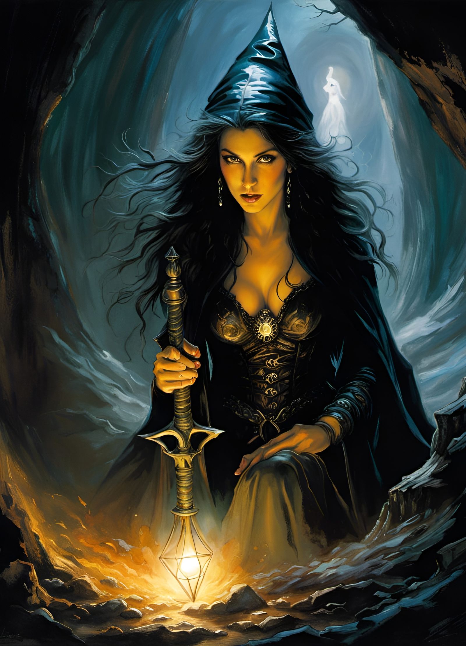 Beautiful Witch Crawling Through Dark Cave