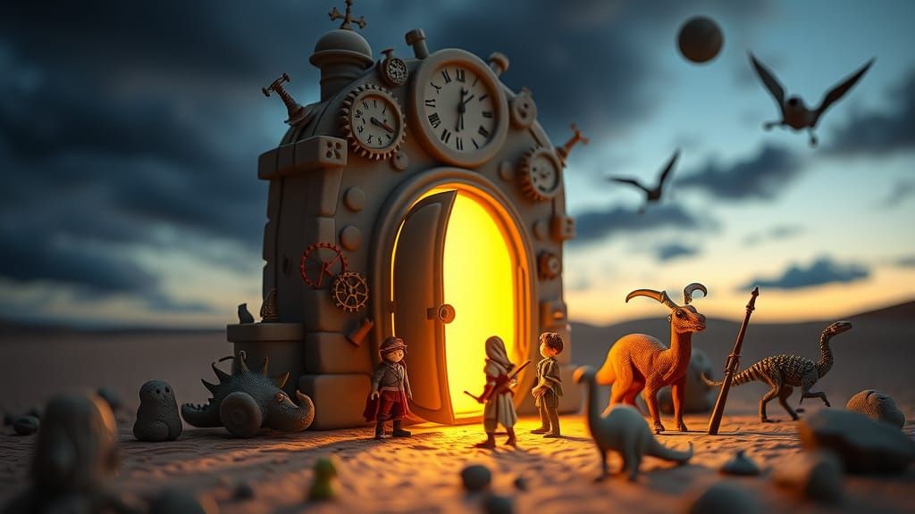 Clay Time Portal with Whimsical Travelers