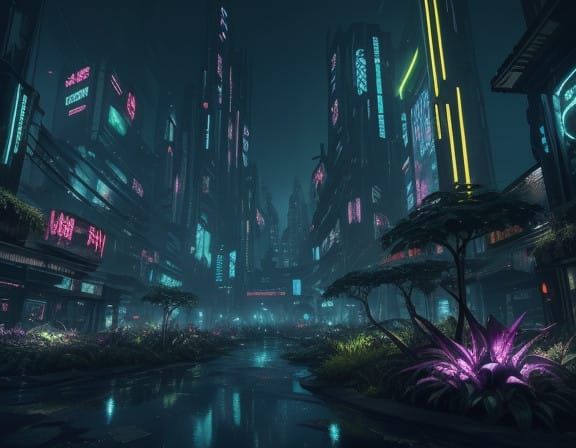 Luminous Cyberpunk Oasis Amidst Urban Decay