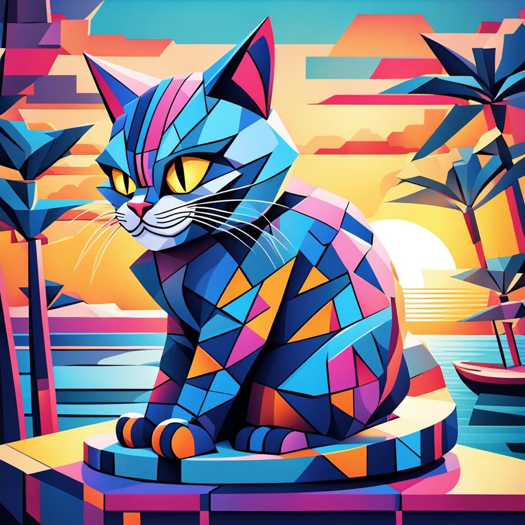 Cheshire Cat Sunset: Cubist Art Deco Painting
