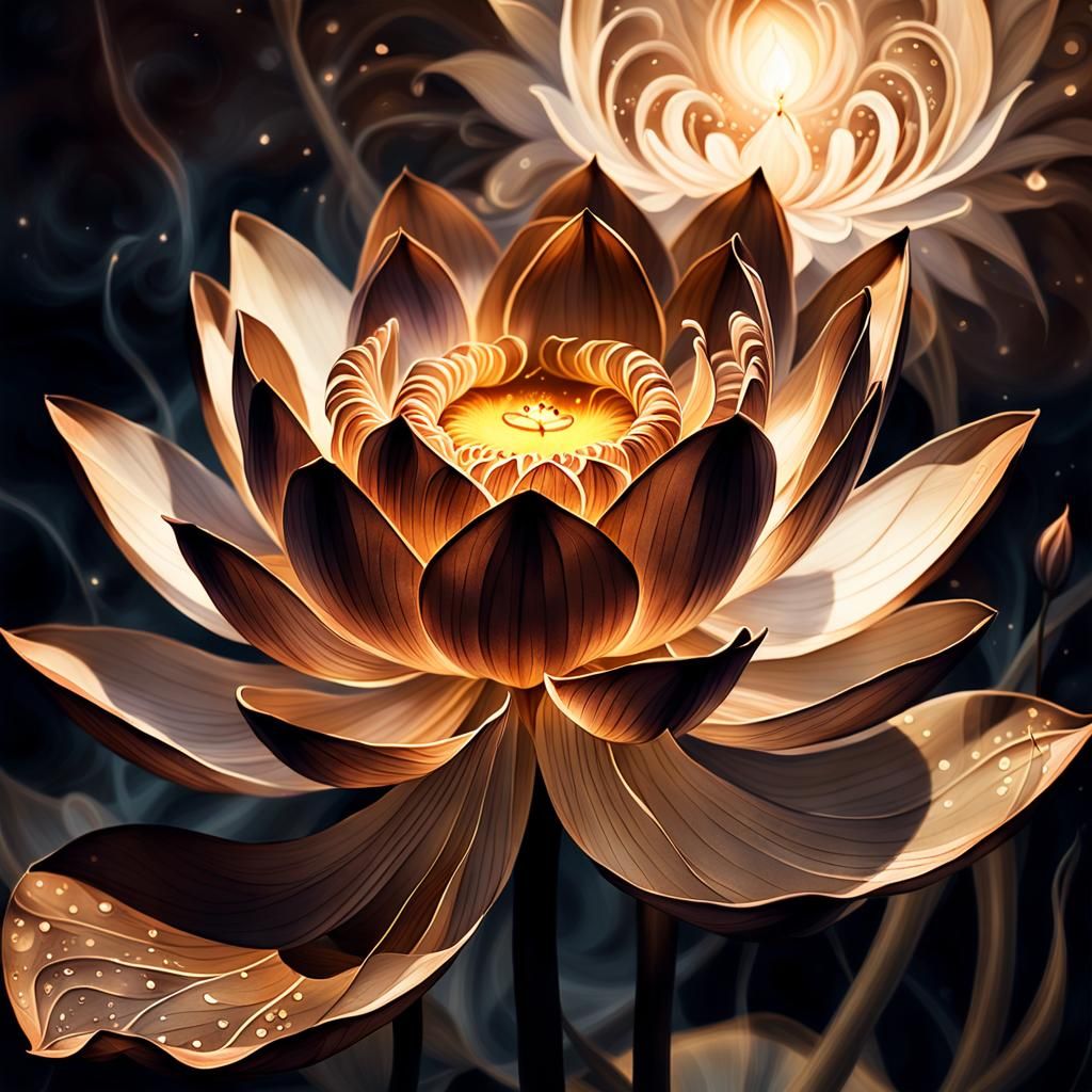 Ethereal Brown Fire Lotus in Ink Wash Style
