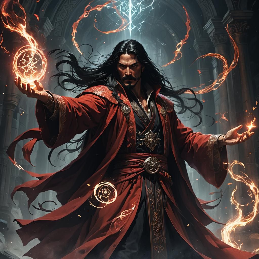 Wizard Battles Evil Twin in Dark Fantasy Art