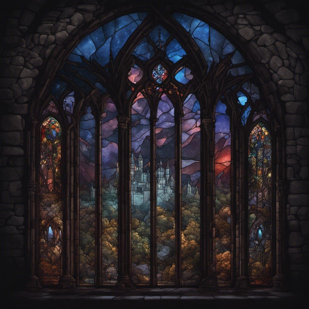 Dark Stained Glass Castle Window