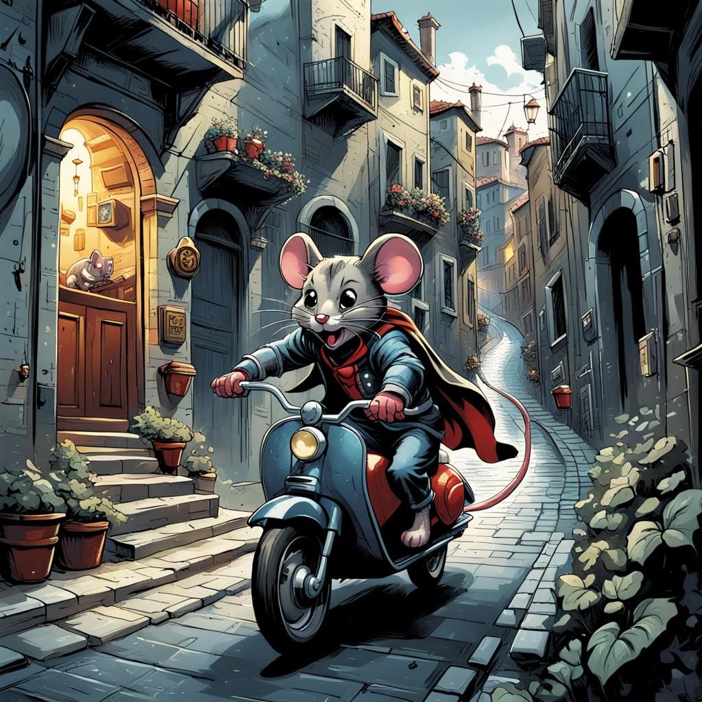 Mouse Rides Cat in Italian Alley, Comic Book Art