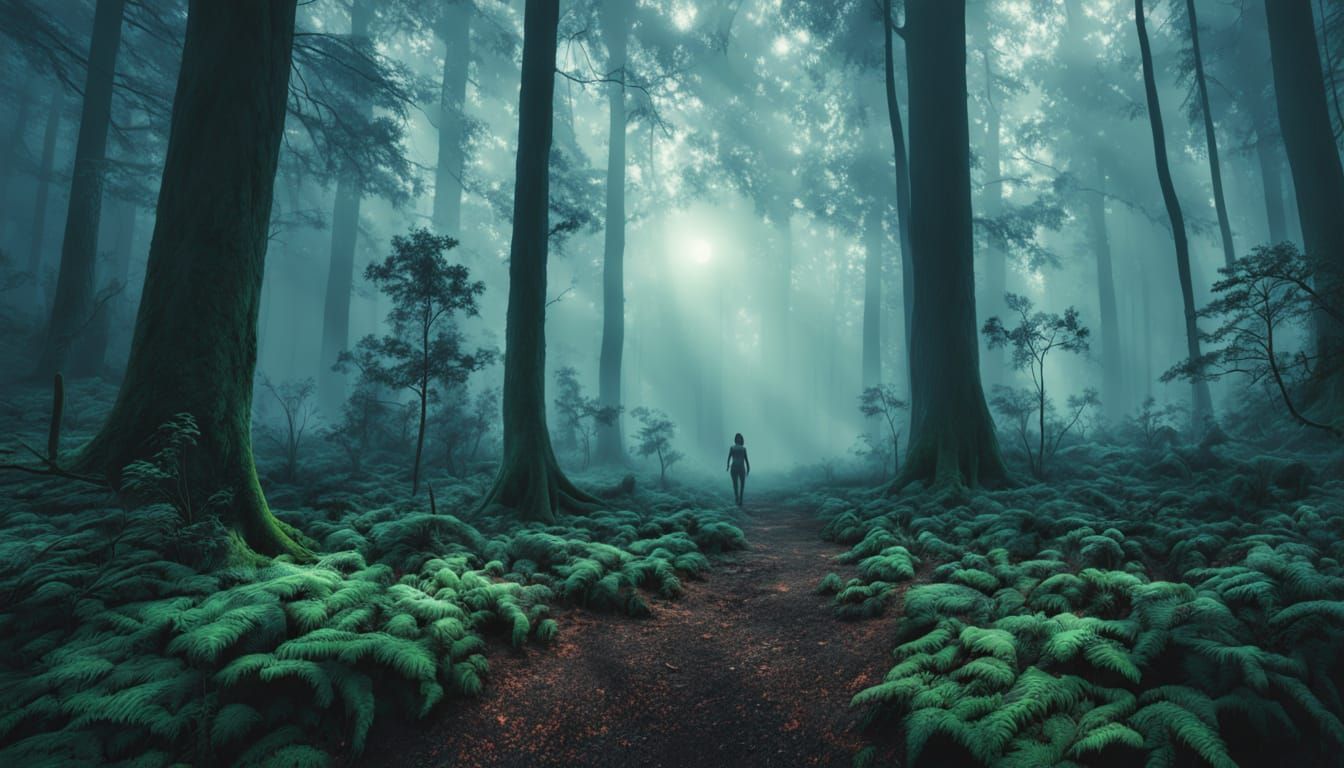 Surreal Woman Glows with Jade Tattoos in Mystic Forest