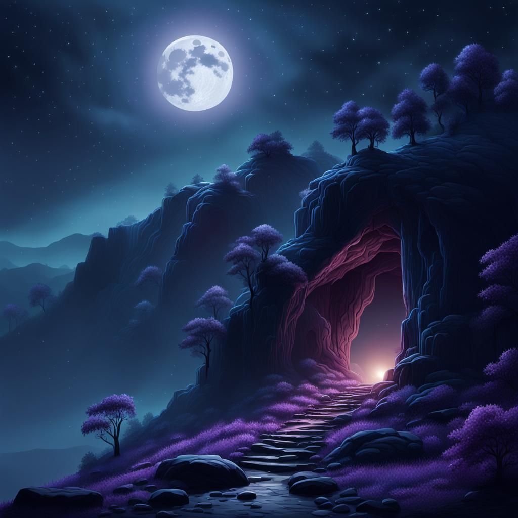 Mountain Cave Entrance at Night in Digital Art
