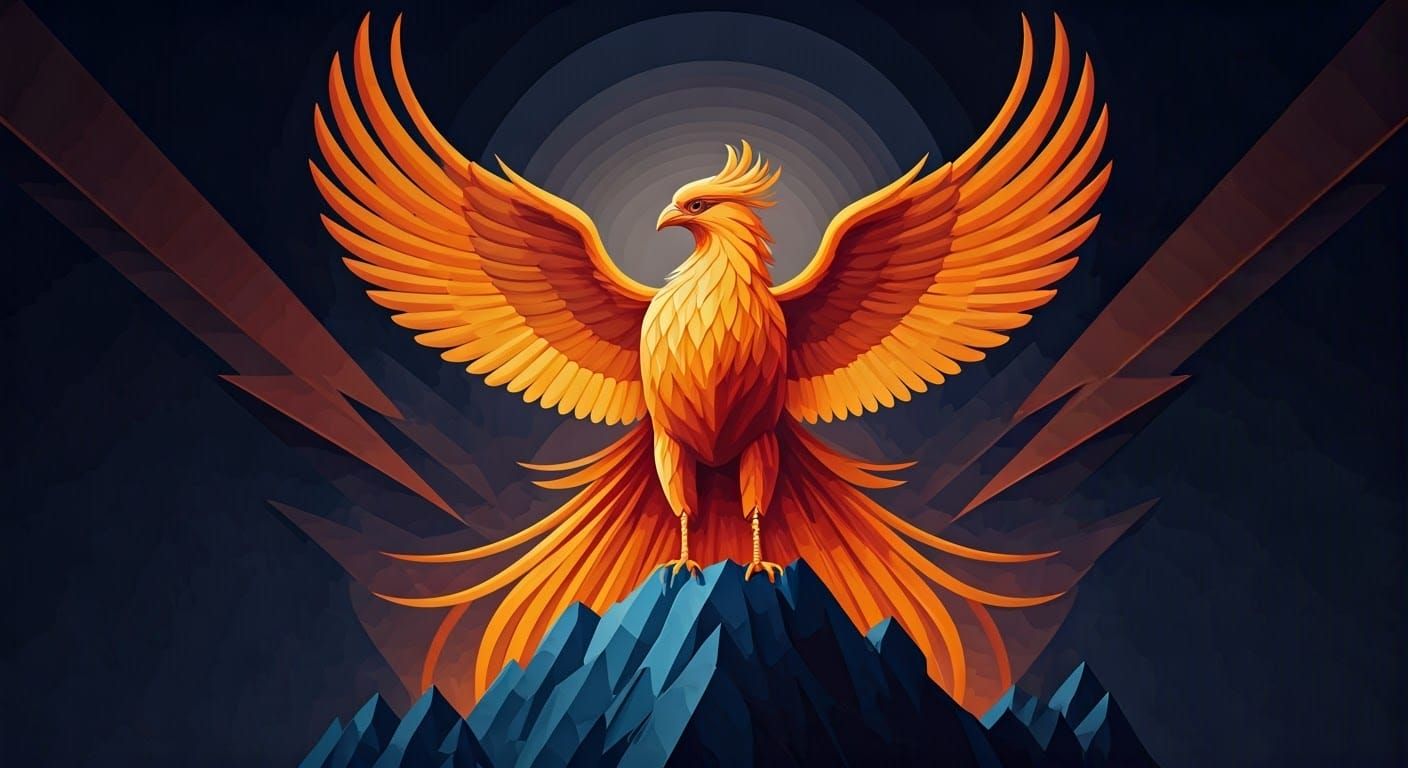 Phoenix Rising: Cubist Art Deco Mountain Scene