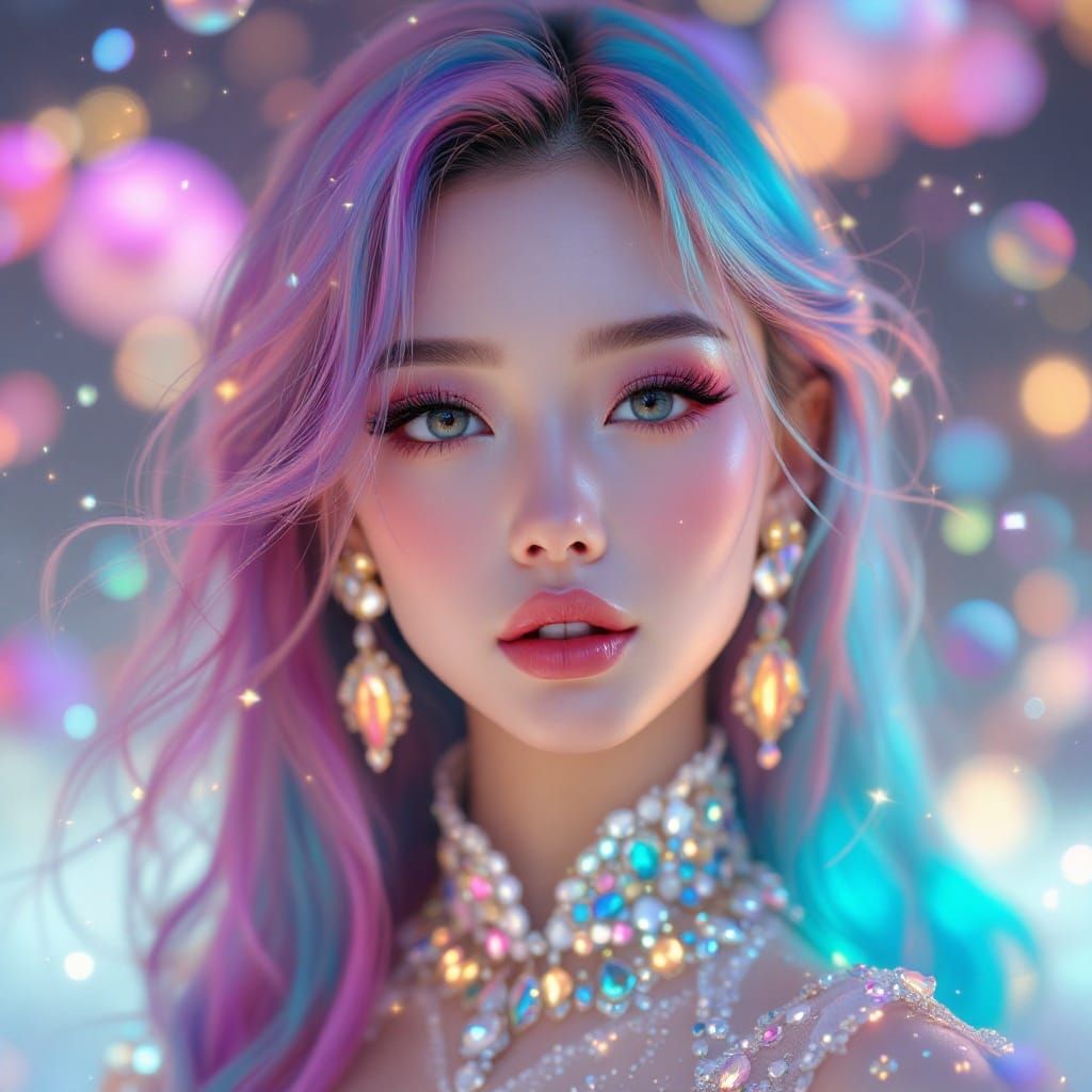 Manhwa Style Woman in Space with Crystal Jewelry