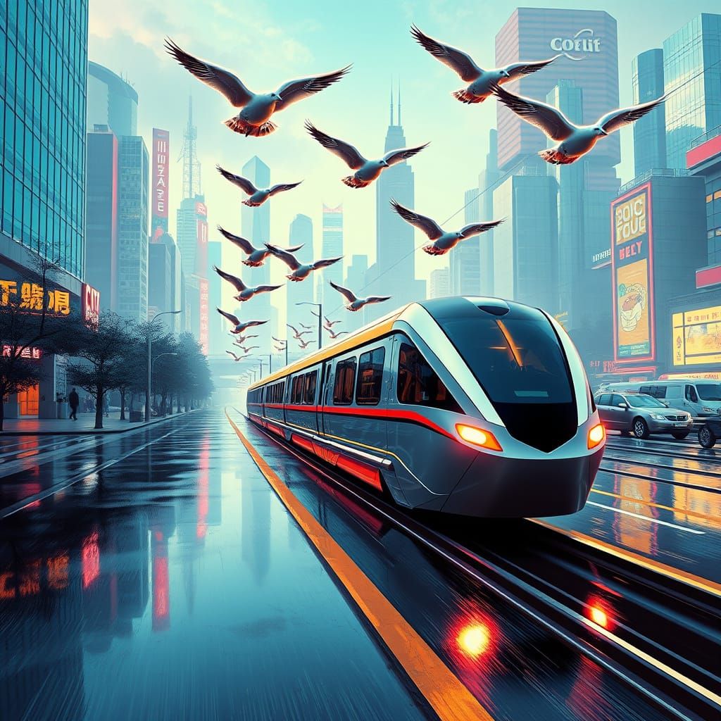 Sleek Monorail Train Speeds Through Retro-Futuristic Citysca...