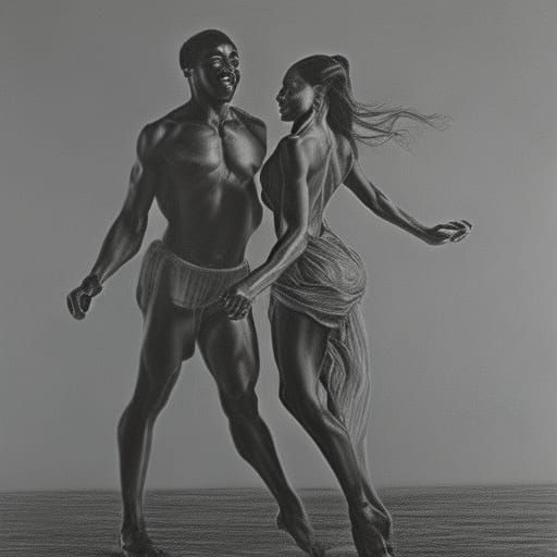 Couple Dancing in the Rain: Hyperdetailed Charcoal Drawing