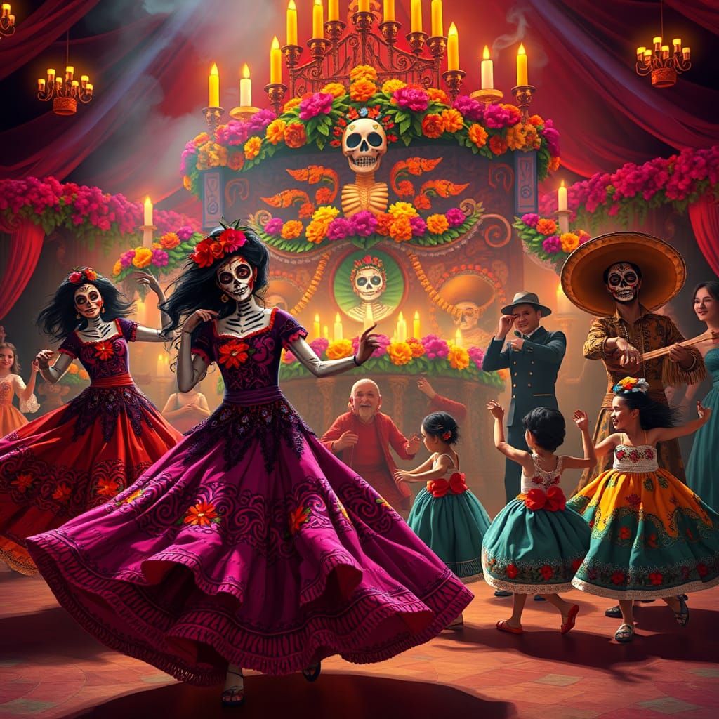 Day of the Dead Celebration with Dancing Sugar Skulls