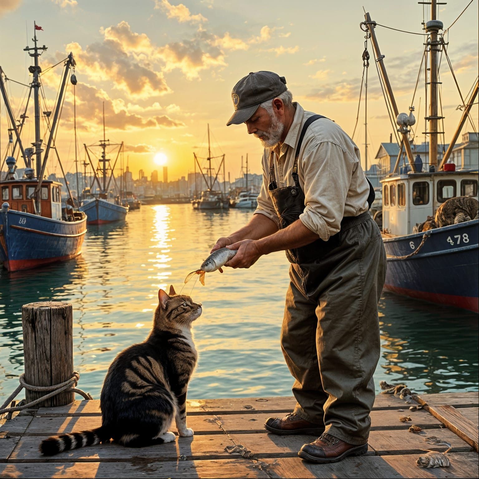 Fisherman Feeds Cat on Harbor Pier at Dusk