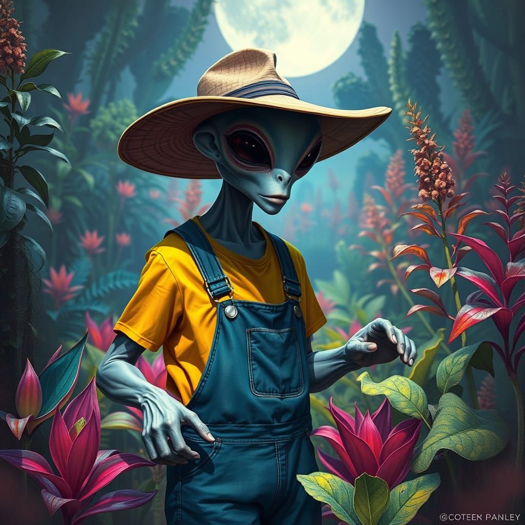 Alien Farmer in Surreal Iridescent Garden