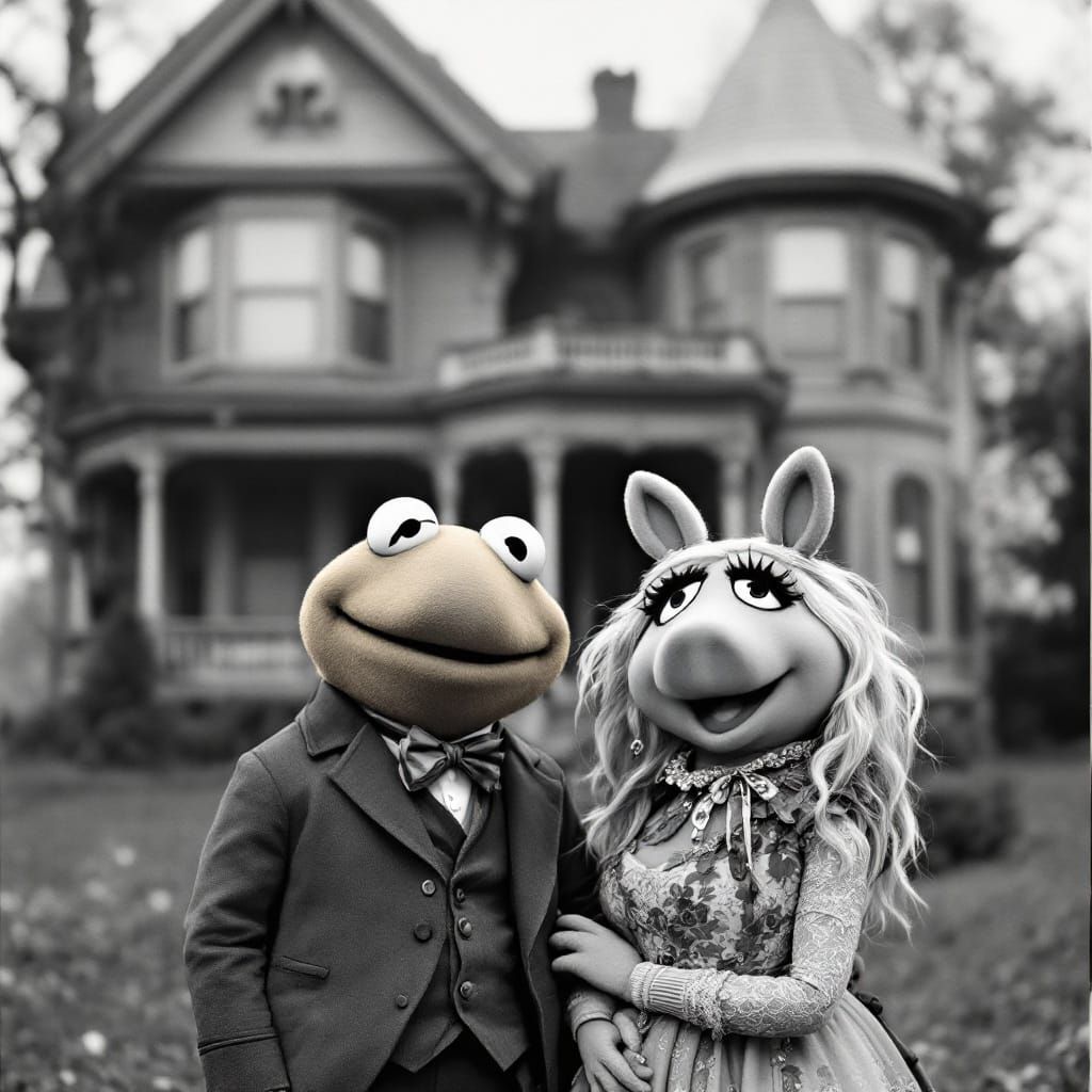 Kermit and Miss Piggy, Victorian Couple, Black and White
