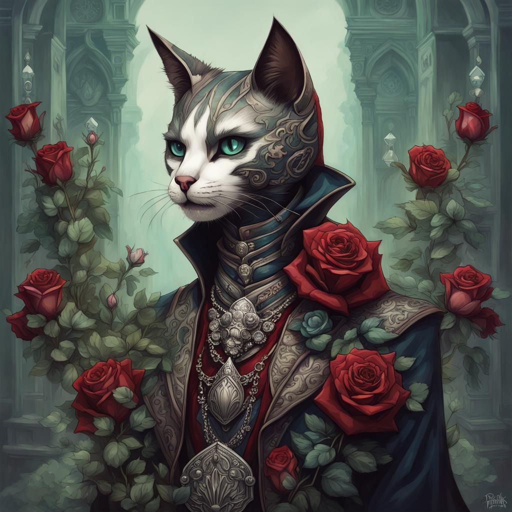 Assassin Cat with Crystals and Roses