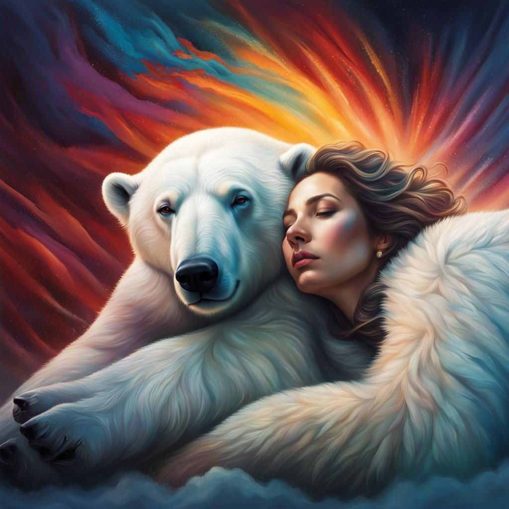 Woman in Polar Bear Belly: Hyperrealistic Splash Art