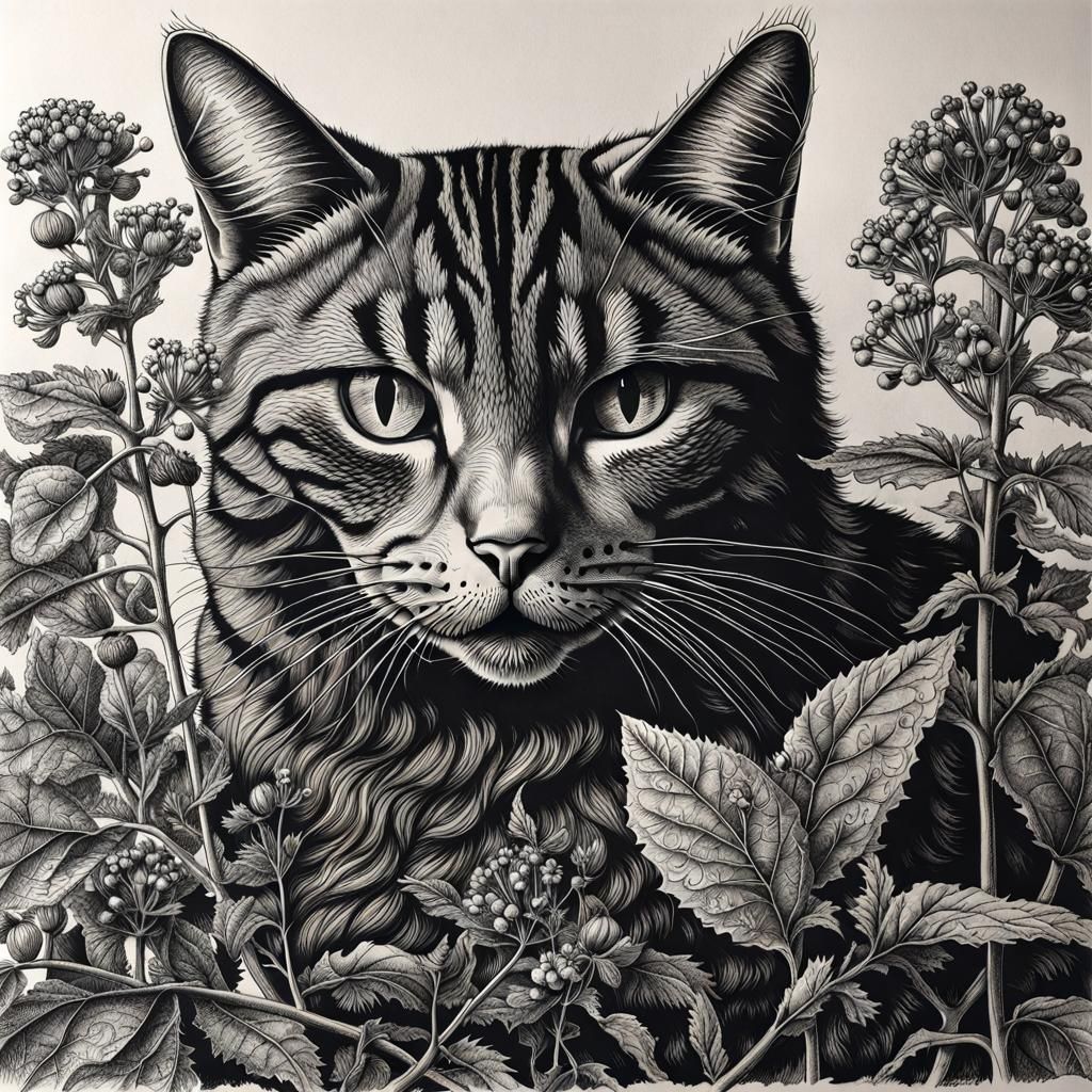 Intricate Ink Drawing: Cat Entranced by Catnip