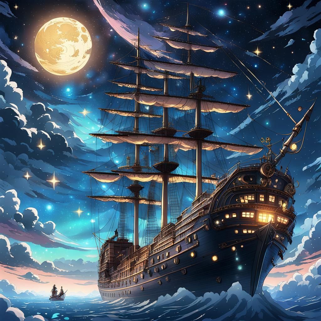 Celestial Sky Ship Voyage in Anime Style