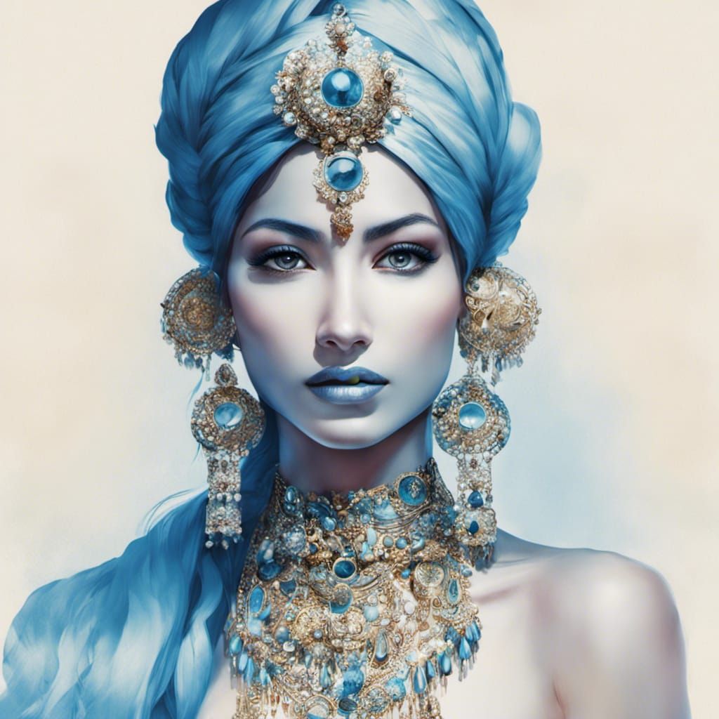 Indian Woman Portrait with Blue Pearl in HDR