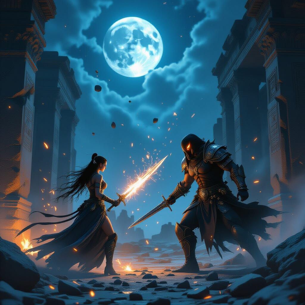 Fantasy Warrior Battle Under Broken Moon