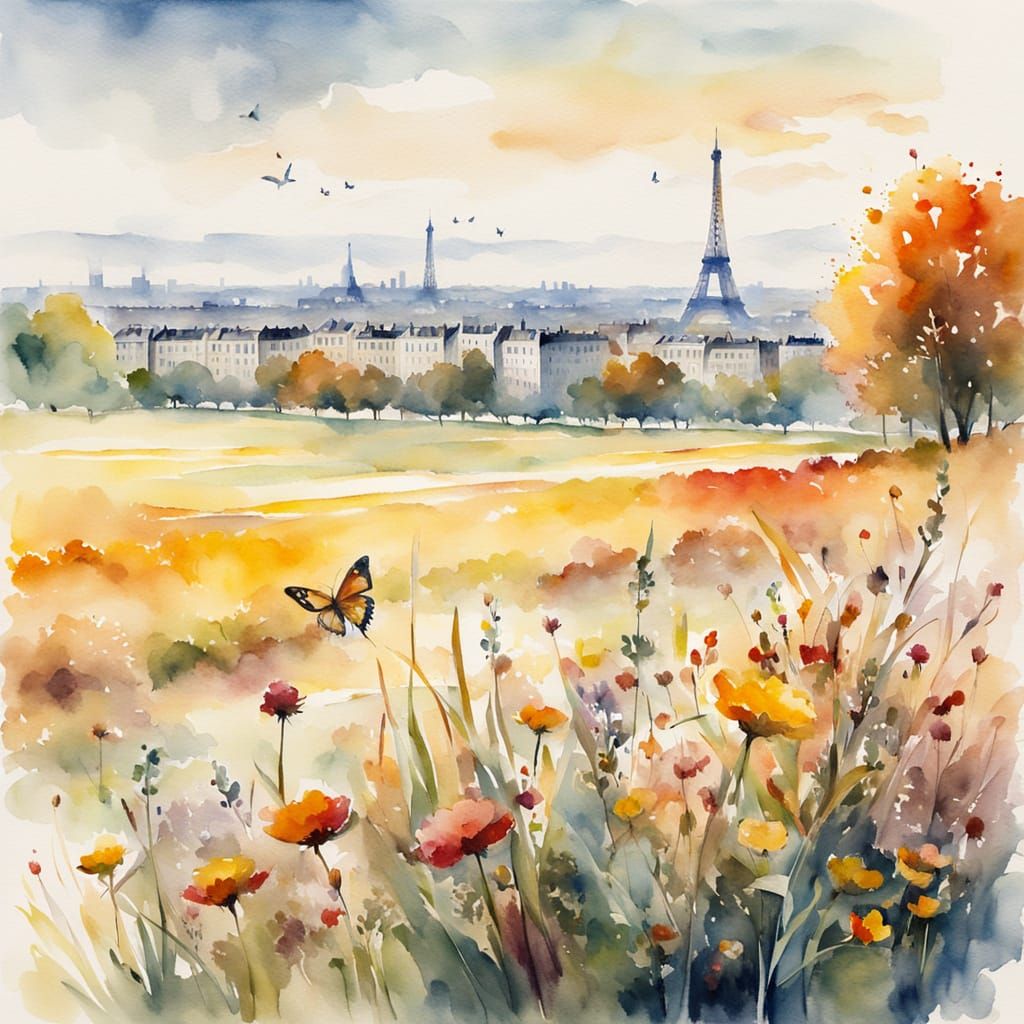 Autumn Meadow Watercolor Painting with Paris in Distance