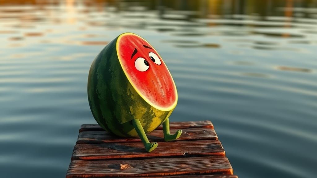 Melancholy Watermelon Person on Dock, Pixar-style 3D