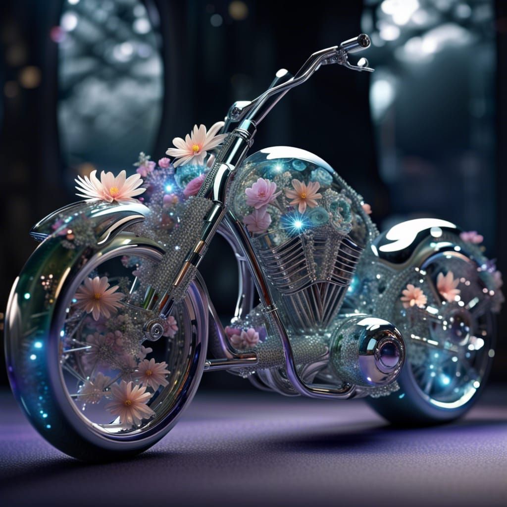 Fantasy Motorcycle Made of Glass and Flowers