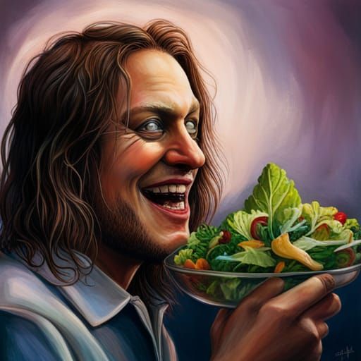 Hyperrealistic Image of Man Laughing Eating Salad