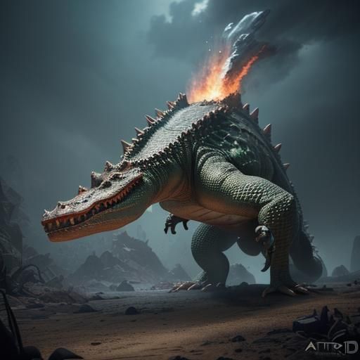 Fiery Crocodile with Spiked Shell: 3D Cinematic Render