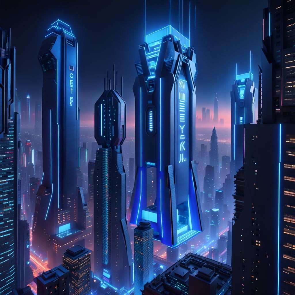 Hyperdetailed Cyberpunk Cityscape with Blue Neon Lights