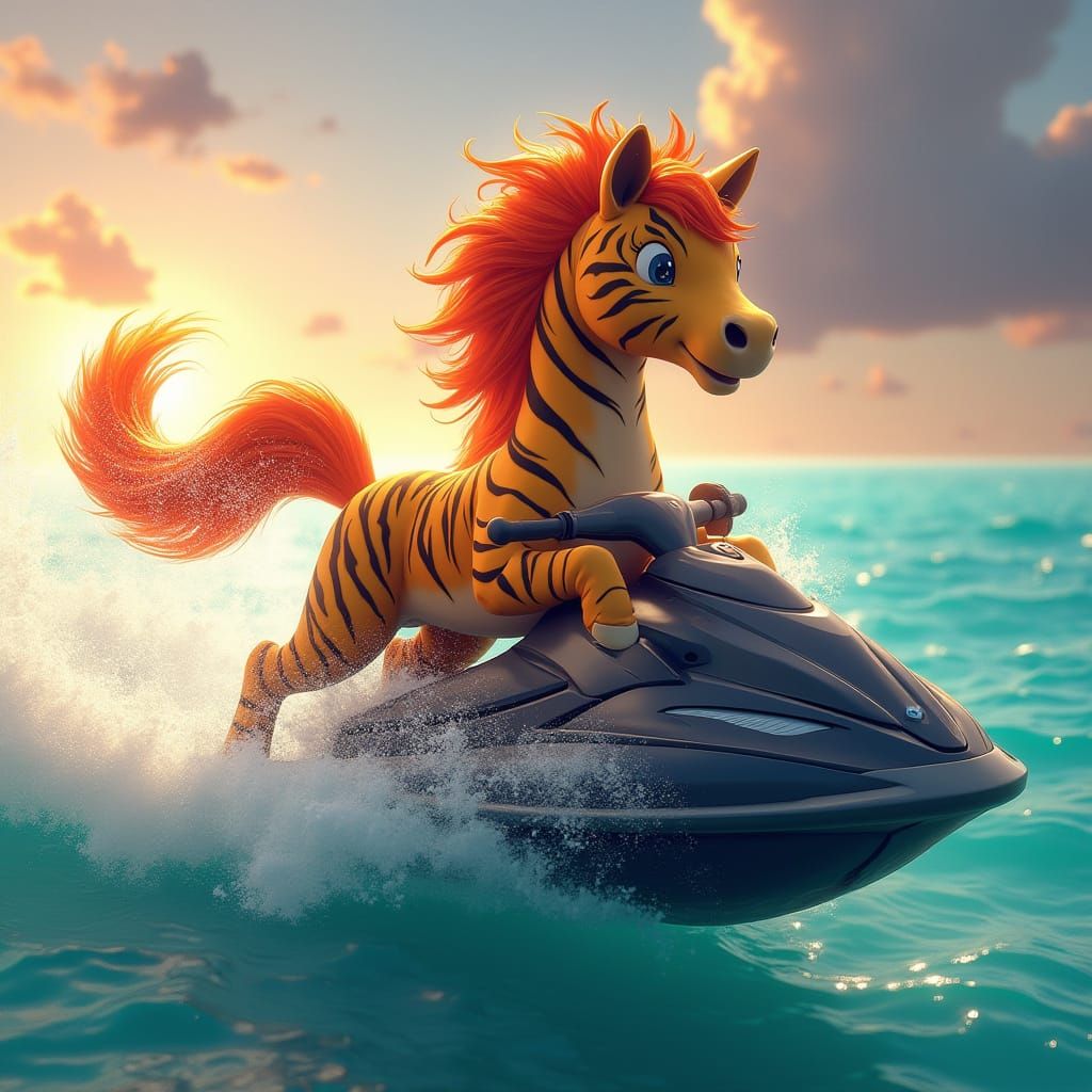 Majestic Tiger-Striped Pony Rides High-Tech Jet Ski Across T...