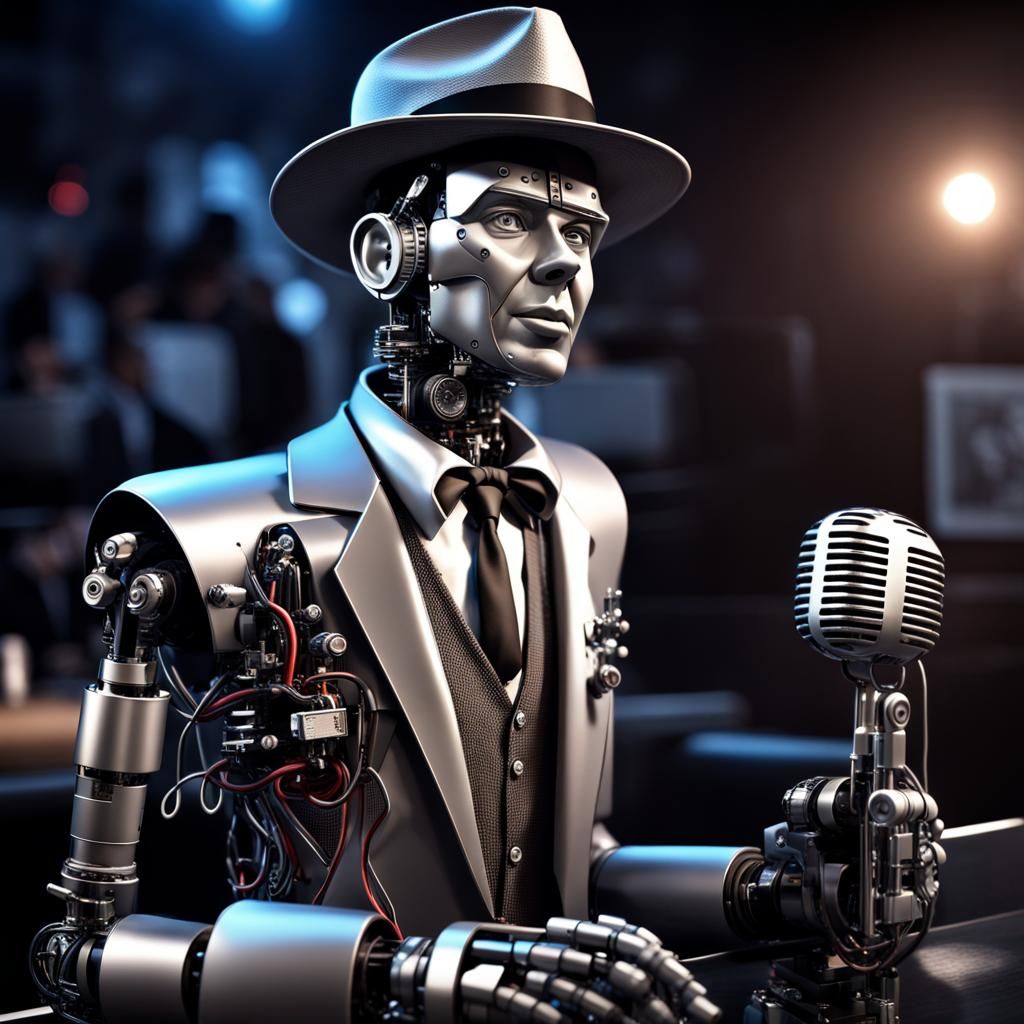 Hyperrealistic Frank Sinatra Robot with Microphone