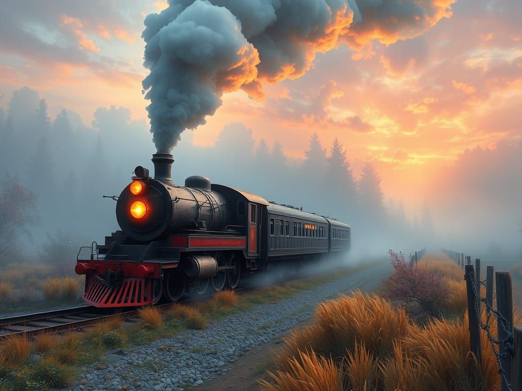 Rustic Steam Train Emerging from Morning Mist