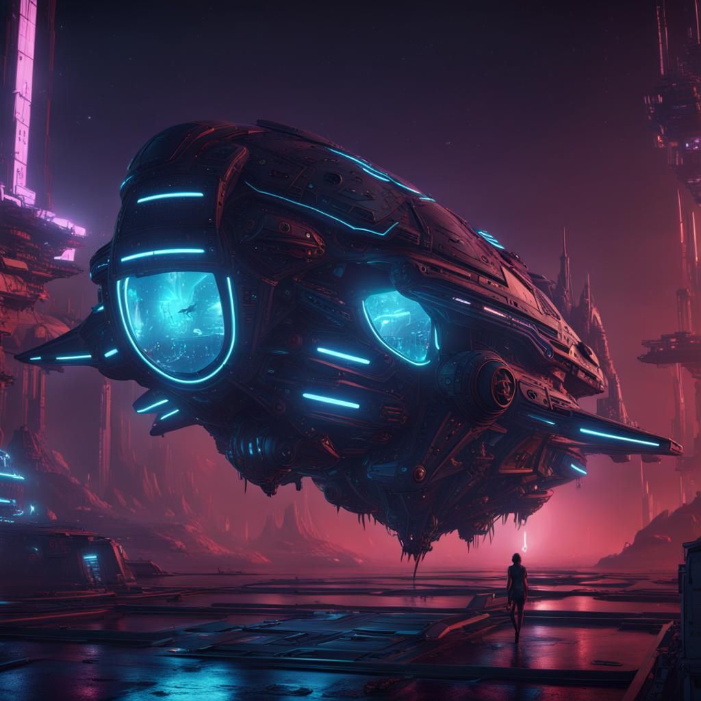 Futuristic Insect Spaceship in Neon Cyberpunk Style