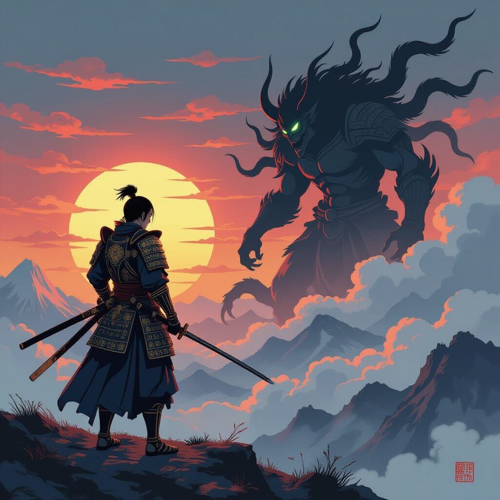 Samurai Warrior Against Demon in Ukiyo-e Style