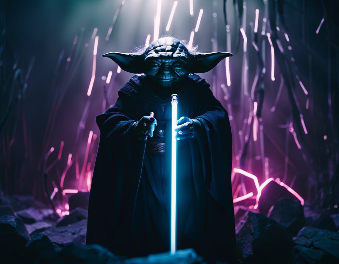 Cinematic Black Yoda with Black Lightsaber