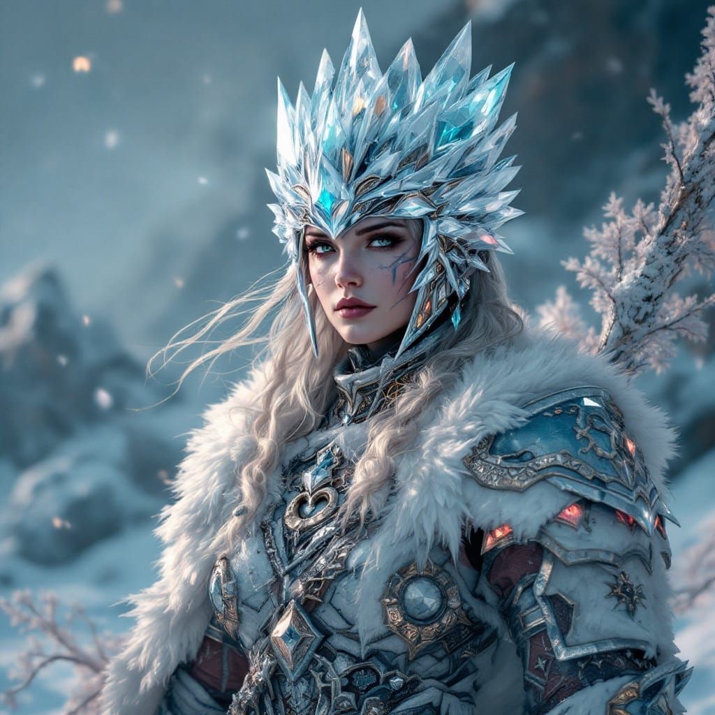 Regal Frost Knight in Crystal Helm, Weathered Battle Armor a...