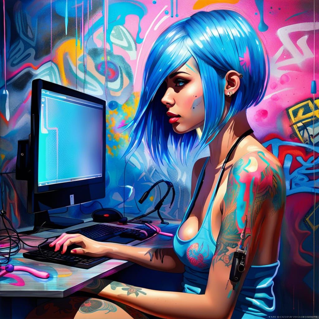 Beautiful Woman Working at Computer in Graffiti Art Style