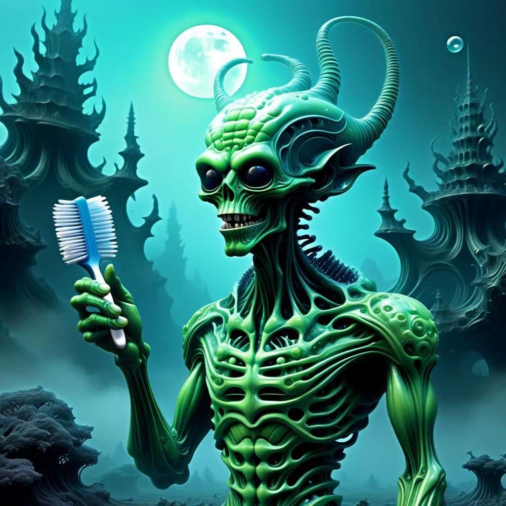 Alien Demon Using iPhone in Surreal Landscape