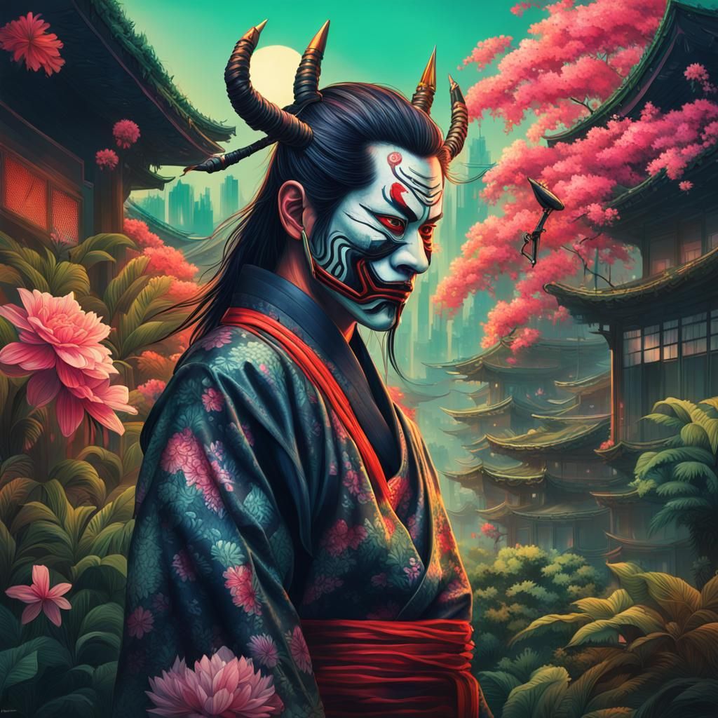 Samurai, Geisha, and Neon Cityscape in Hyperrealistic Style
