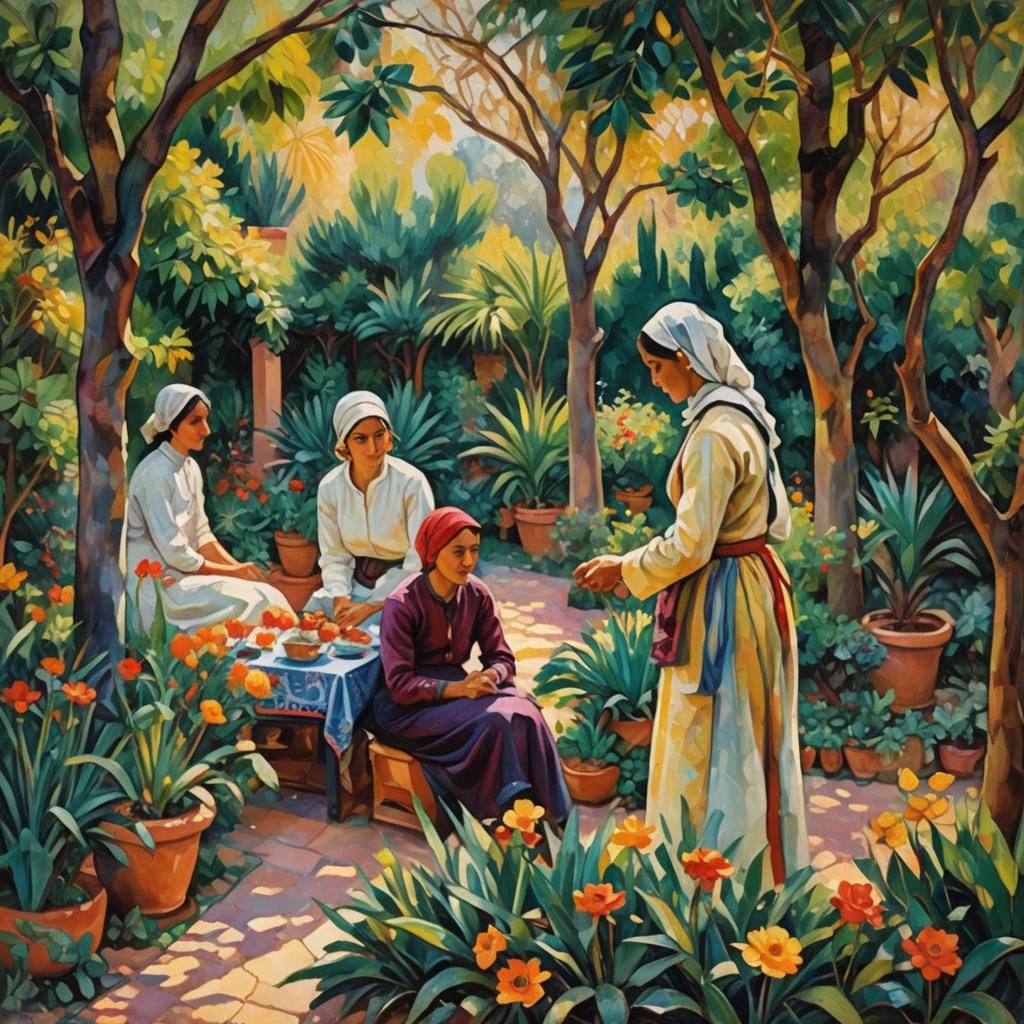 Women in Moroccan Garden, Impressionist Oil Painting