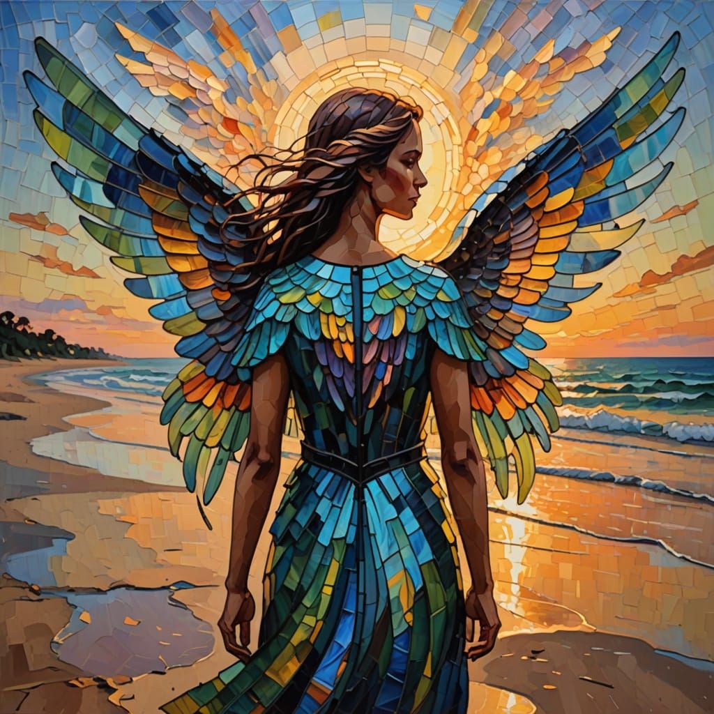 Angel with Stained-Glass Wings: Neo-Impressionist Oil Painti...